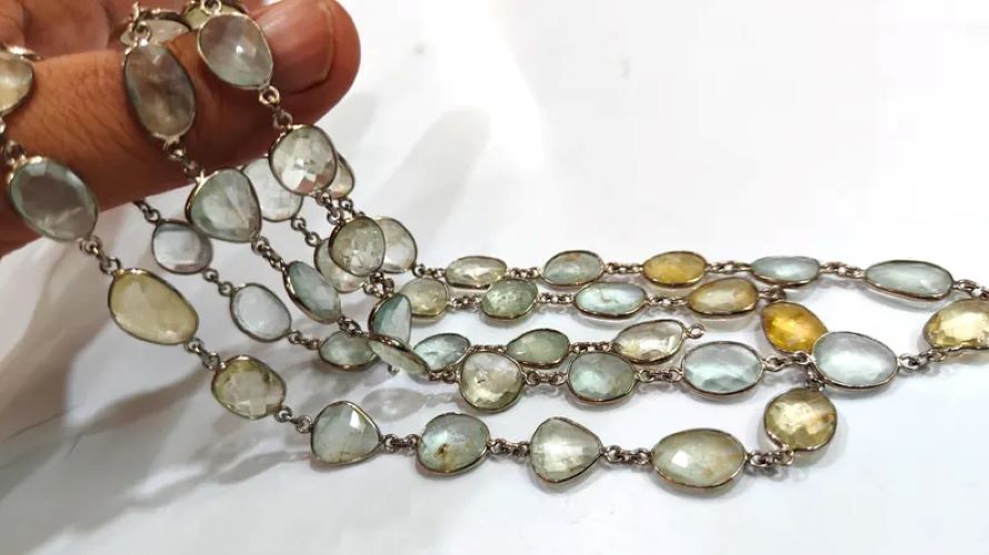 Natural Multi Aquamarine Briolette Connector Chain Free Shape Bezel Chain 12 to 15 mm