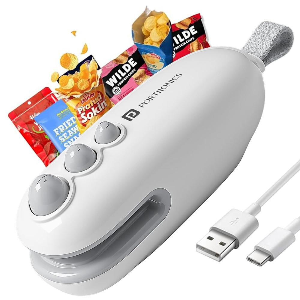 Portronics Locksy 2-in-1 Sealer & Cutter, Portable & Type-c Rechargeable Mini Food Bag Sealer For Food, - Color: White