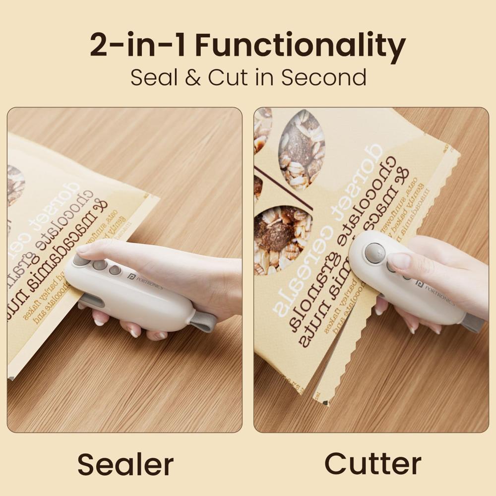 Portronics Locksy 2-in-1 Sealer & Cutter, Portable & Type-C Rechargeable Mini Food Bag Sealer for Food,