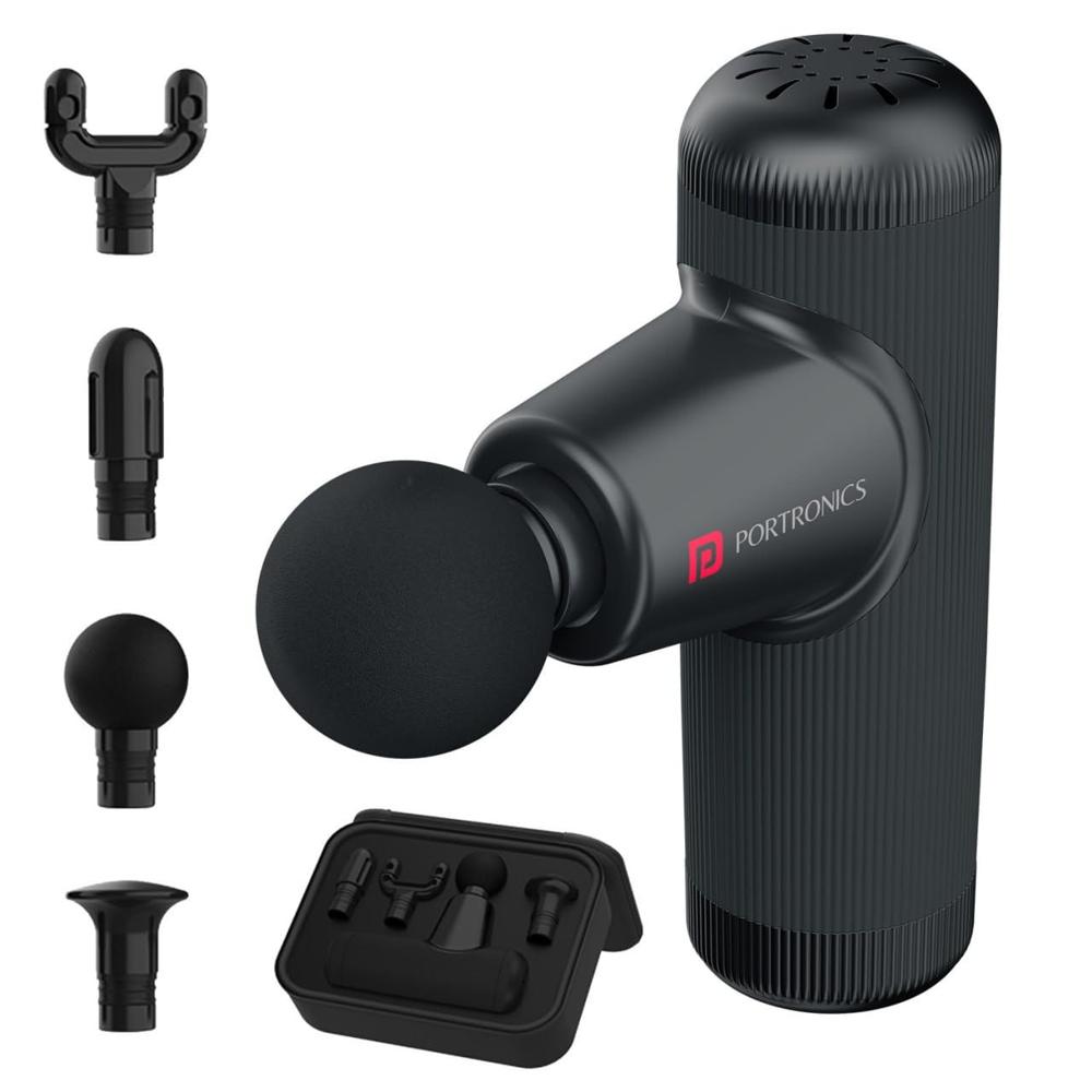 Portronics Zeno Go, Percussion Massage Gun For Pain Relief, Deep Tissue, 4 Speeds & 4 Massage Heads, Cordless, Brushless Motor, - Color: Black
