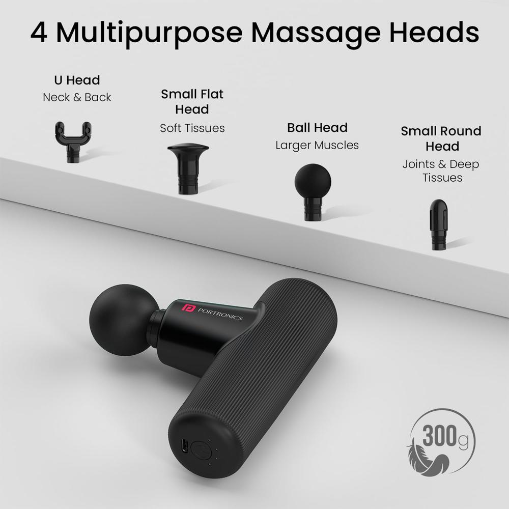 Portronics Zeno Go, Percussion Massage Gun for Pain Relief, Deep Tissue, 4 Speeds & 4 Massage Heads, Cordless, Brushless Motor,