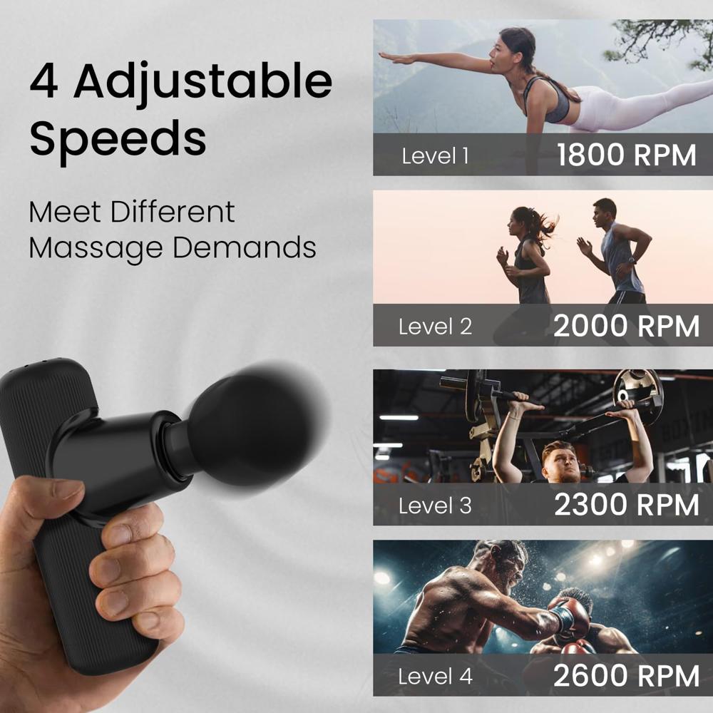 Portronics Zeno Go, Percussion Massage Gun for Pain Relief, Deep Tissue, 4 Speeds & 4 Massage Heads, Cordless, Brushless Motor,