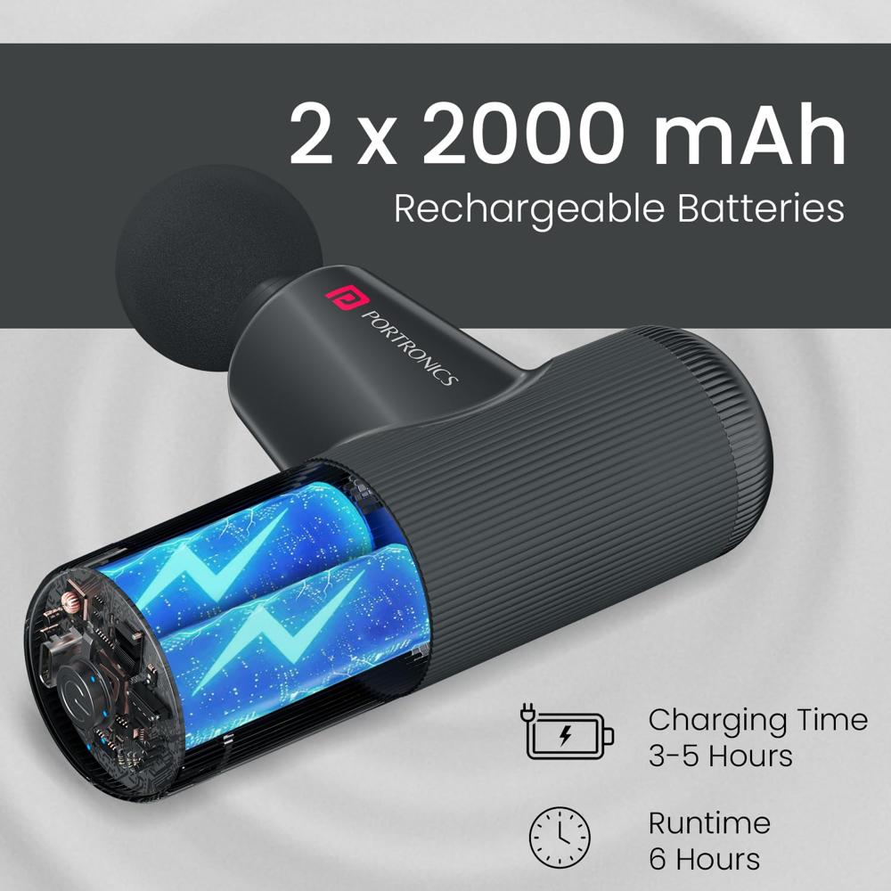 Portronics Zeno Go, Percussion Massage Gun for Pain Relief, Deep Tissue, 4 Speeds & 4 Massage Heads, Cordless, Brushless Motor,