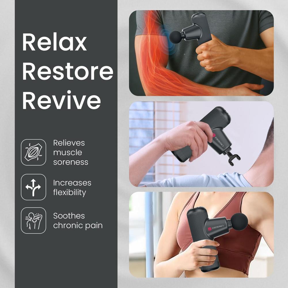 Portronics Zeno Go, Percussion Massage Gun for Pain Relief, Deep Tissue, 4 Speeds & 4 Massage Heads, Cordless, Brushless Motor,