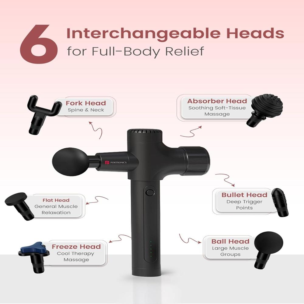 Portronics Zeno B Percussion Gun Massager with Detachable Handle for Back, Shoulders & Full-Body Muscle Relief, BLDC Motor, 6