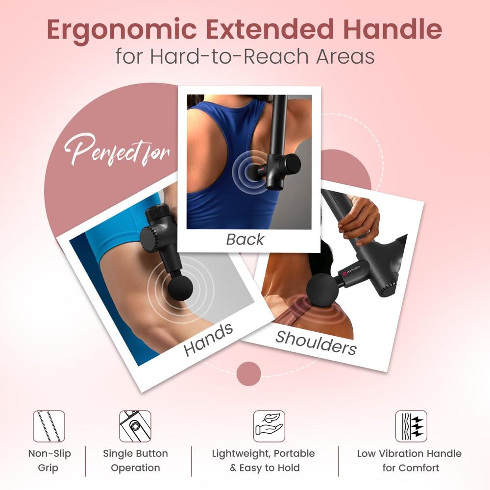 Portronics Zeno B Percussion Gun Massager with Detachable Handle for Back, Shoulders & Full-Body Muscle Relief, BLDC Motor, 6