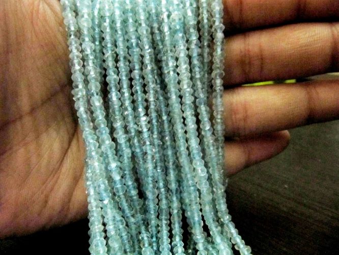 Natural Aquamarine Rondelle Faceted 3-4 mm Gemstone Beads Strand 13 inches long