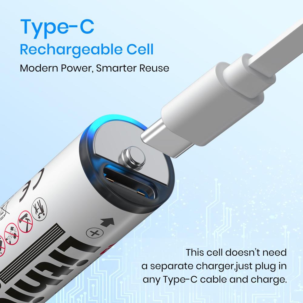 Portronics AA Lithius Cell  Type C Rechargeable Batteries, Pack of 2, Lithium Ion Cell Composition, Upto 1480mAh Capacity, Low Self