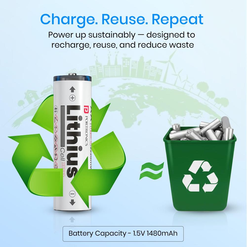 Portronics AA Lithius Cell  Type C Rechargeable Batteries, Pack of 2, Lithium Ion Cell Composition, Upto 1480mAh Capacity, Low Self