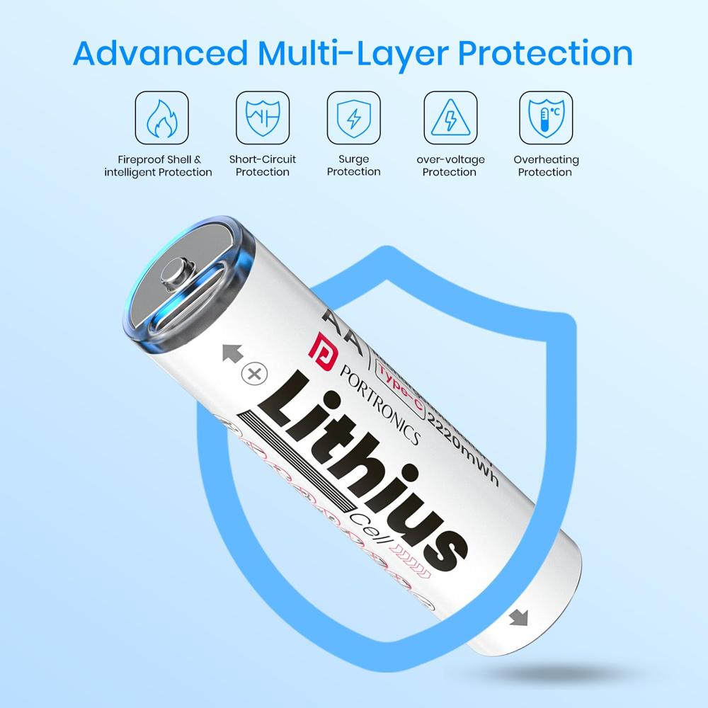 Portronics AA Lithius Cell  Type C Rechargeable Batteries, Pack of 2, Lithium Ion Cell Composition, Upto 1480mAh Capacity, Low Self