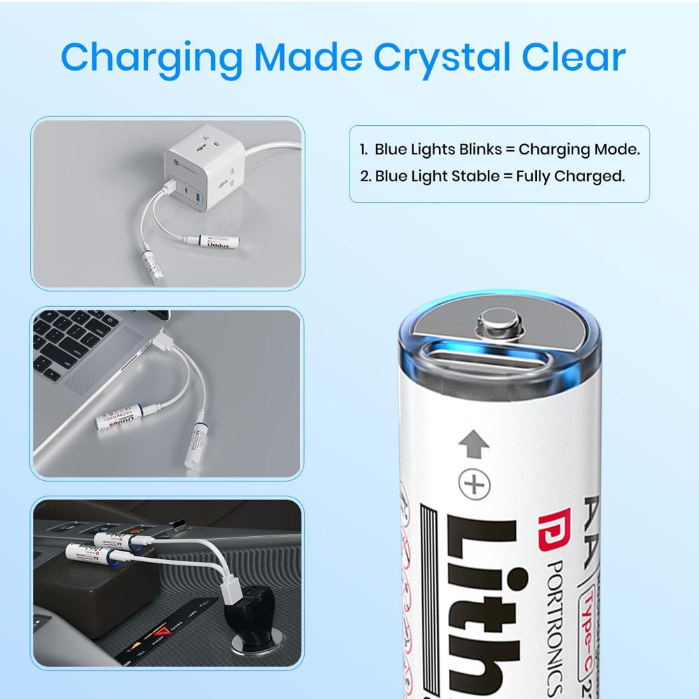 Portronics AA Lithius Cell  Type C Rechargeable Batteries, Pack of 2, Lithium Ion Cell Composition, Upto 1480mAh Capacity, Low Self