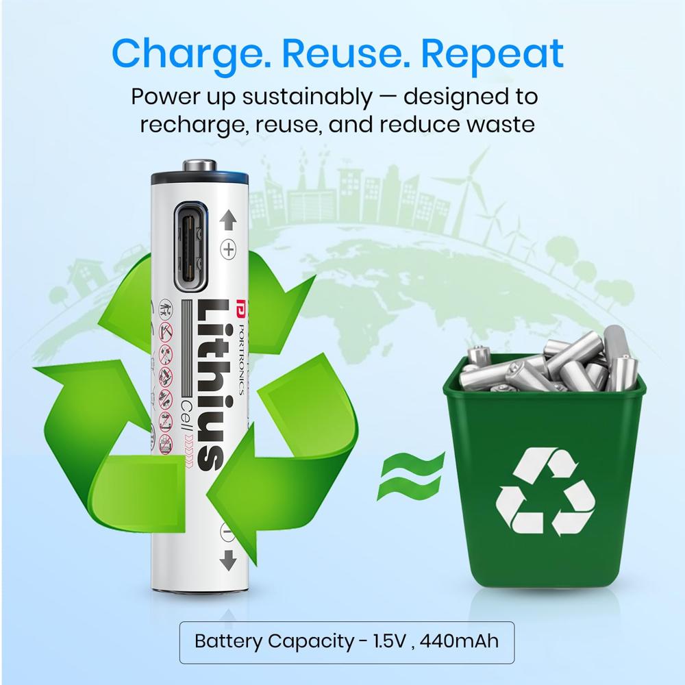 Portronics AAA Lithius Type C Rechargeable Batteries, Pack of 2, Lithium Ion Cell Composition,