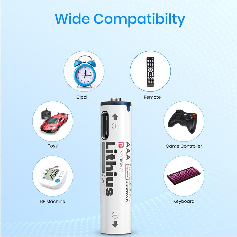 Portronics AAA Lithius Type C Rechargeable Batteries, Pack of 2, Lithium Ion Cell Composition,