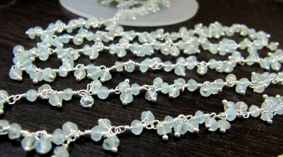 Natural Aquamarine Rondelle Faceted Cluster Rosary Chain Size 3-4mm Wire Wrap Dangling Beaded Chain
