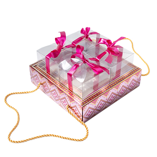 Dry Fruit Gift Tray Box With 4 Clear Pvc Box, Ribbon And Rope Handle - Color: Pink