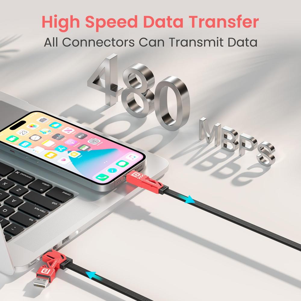 Portronics Procharge 4 60W 4-In-1 Multifunctional Fast Charging Cable With Multiple Port & Metal Zinc Alloy Head, Tangle Free Flat