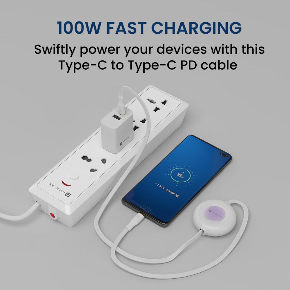 Portronics Upgraded Konnect Recoil 100W Type C to Type C Retractable Cable,Pd Fast Charging,Retractable Charging Cable,Fast Data