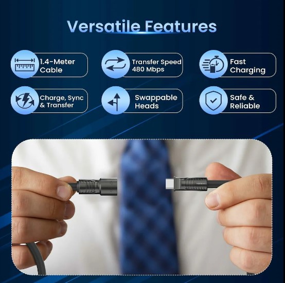 Portronics Konnect Tetra 60W 4 in 1 Multi Functional Fast Charging PD Cable with 1.4M Length, 480Mbps Data Sync, Compatible with All Type C Android Smartphone & Lightning