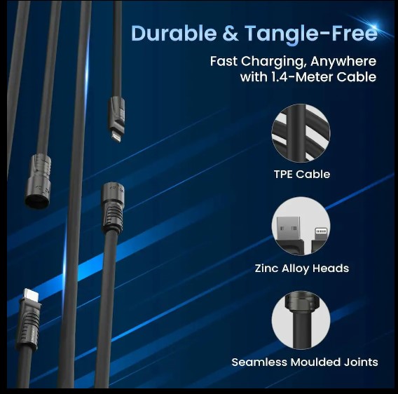 Portronics Konnect Tetra 60W 4 in 1 Multi Functional Fast Charging PD Cable with 1.4M Length, 480Mbps Data Sync, Compatible with All Type C Android Smartphone & Lightning