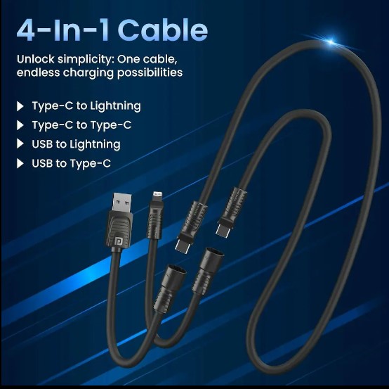 Portronics Konnect Tetra 60W 4 in 1 Multi Functional Fast Charging PD Cable with 1.4M Length, 480Mbps Data Sync, Compatible with All Type C Android Smartphone & Lightning