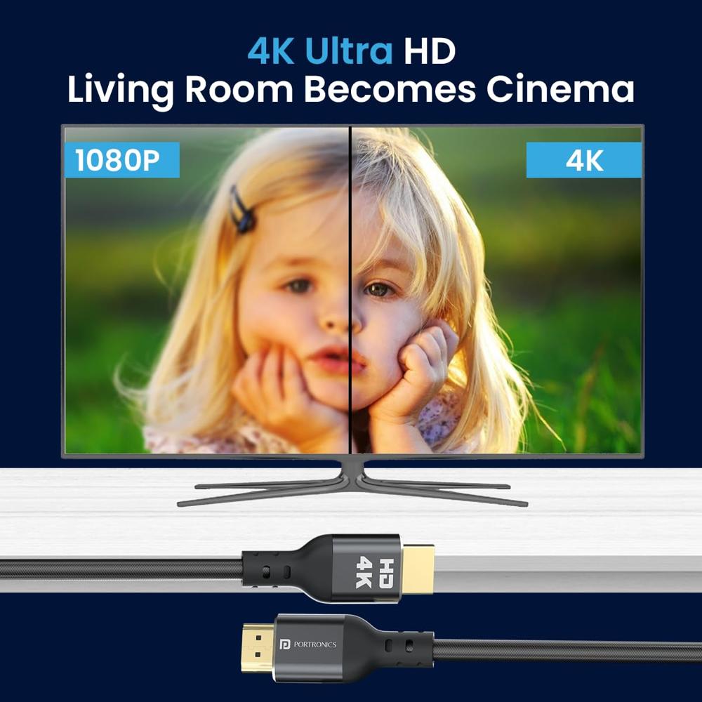 Portronics Konnect Stream 4K@60Hz HDMI to HDMI Cable, Flexible Premium 10M Length with Support eARC and