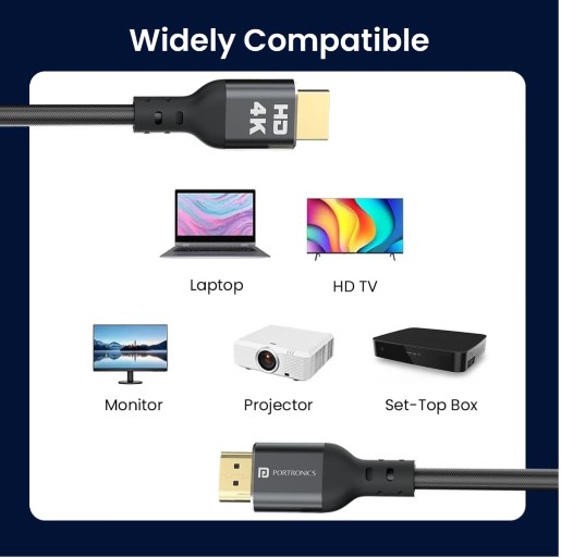 Portronics HDMI Cable 3 m Konnect Stream 4K@60Hz HDMI to HDMI Cable (Compatible with Laptop, Monitor, Grey, One Cable)