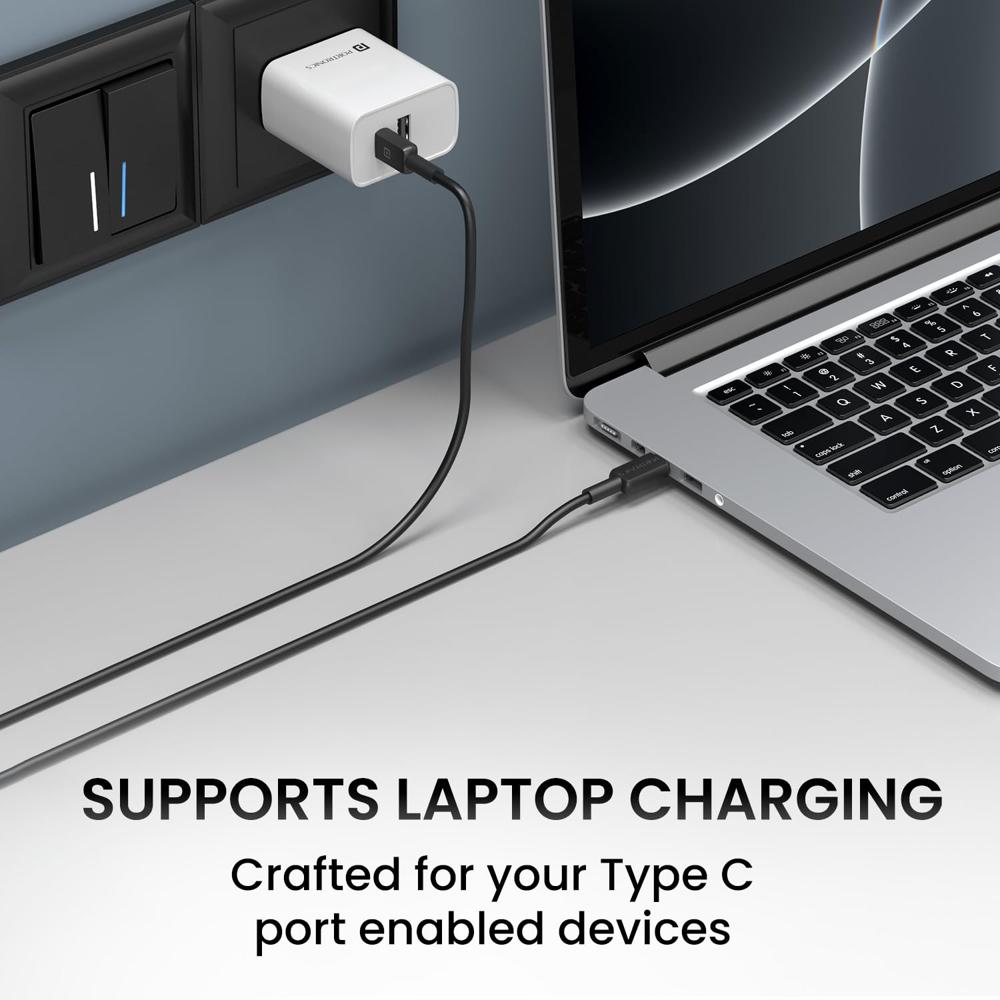 Portronics Konnect Link C Square 100W Type C to Type C Fast Charging PD Cable with 480Mbps Data Sync for Laptop,