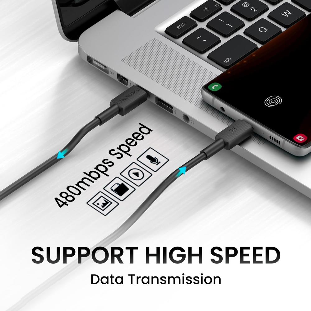 Portronics Konnect Link C Square 60W Type C to Type C Fast Charging PD Cable with 480Mbps Data Sync Compatible with
