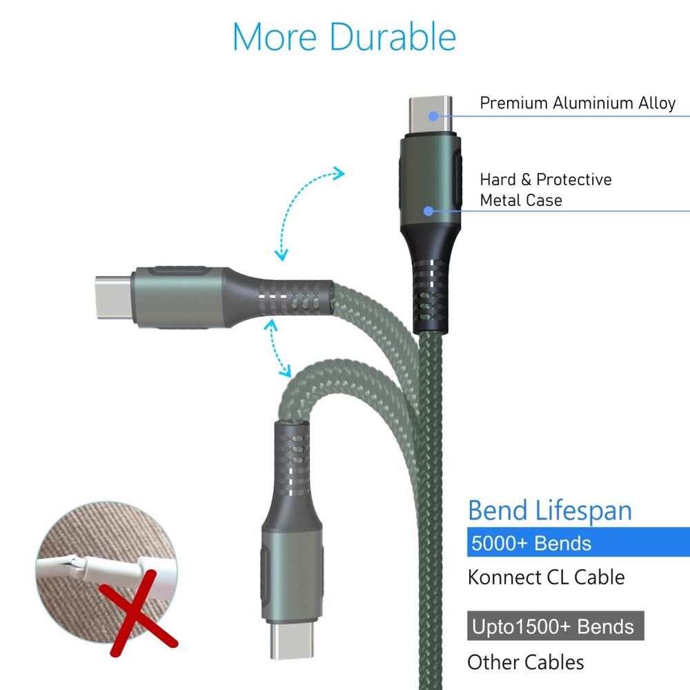 Portronics Konnect CL 20W POR-1067 Type-C to 8 Pin USB 1.2M Cable With Power Delivery & 3A Quick Charge Support, Nylon