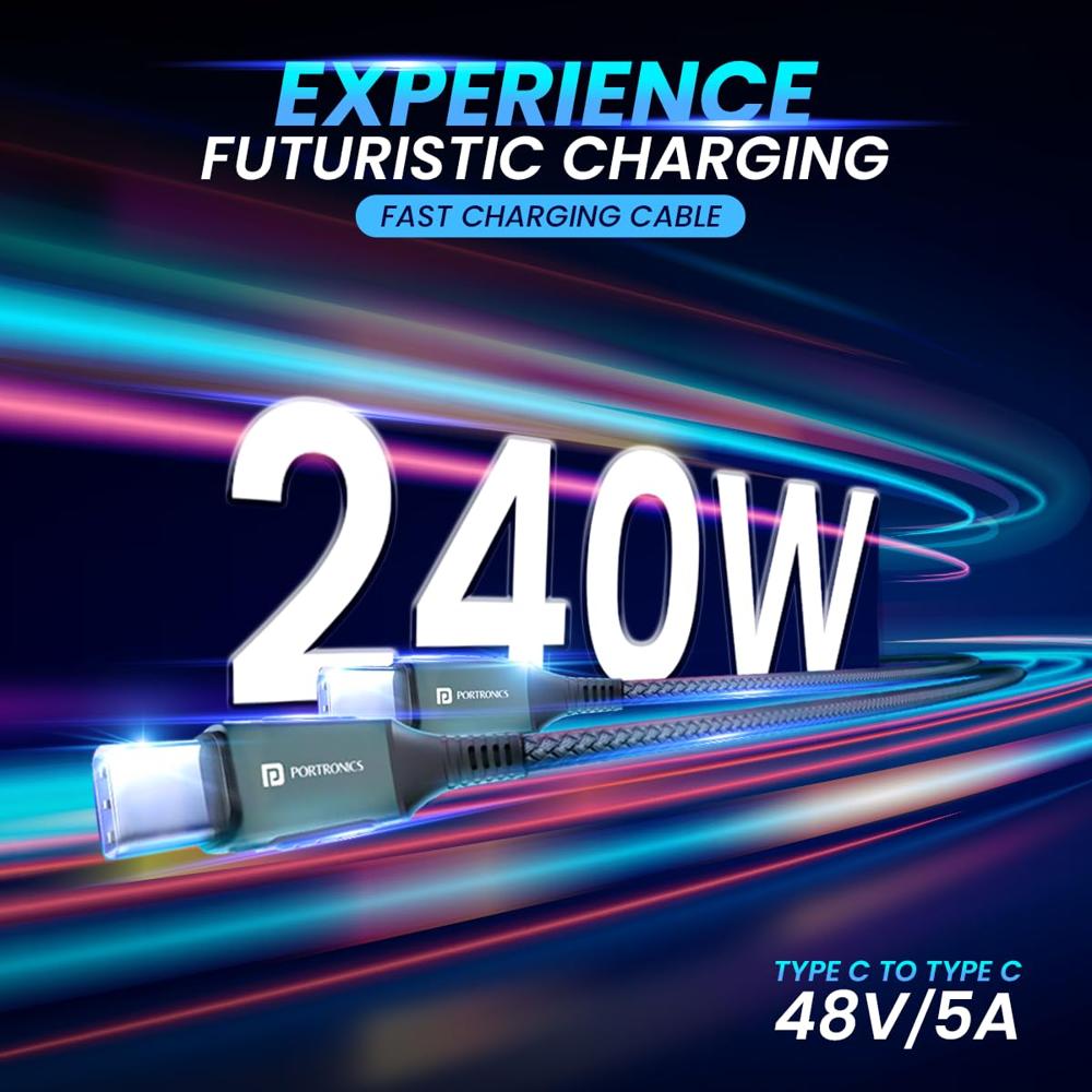 Portronics Konnect 240C 240W Futuristic Unbreakable Nylon Braided Type C Fast Charging