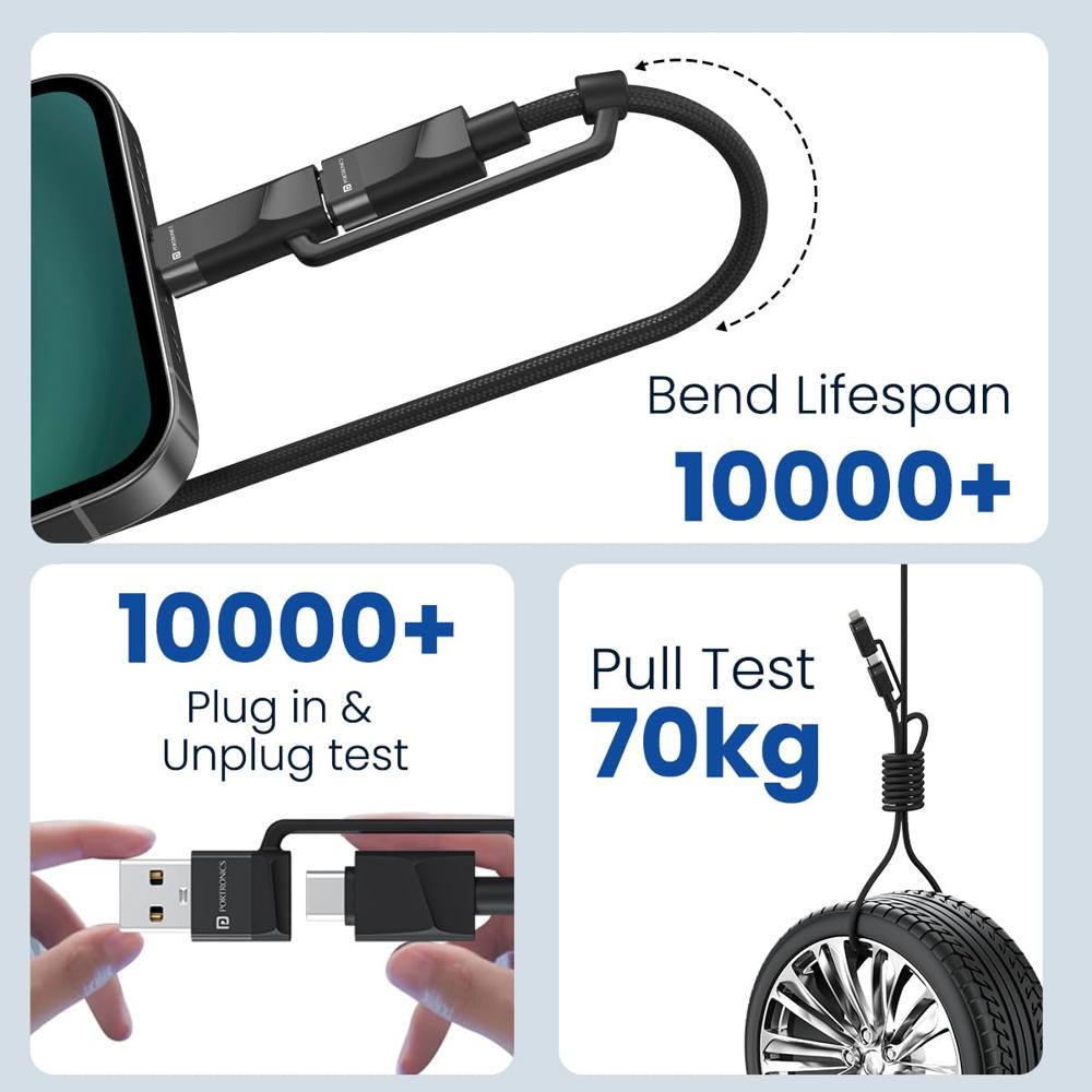 Portronics Omnicord 60W 4-In-1 Multifunctional Fast Charging Cable With Multiple Port & Strong Heads, Strong Braided Cable, Type C, Lightening, USB A, Fast Data Sync