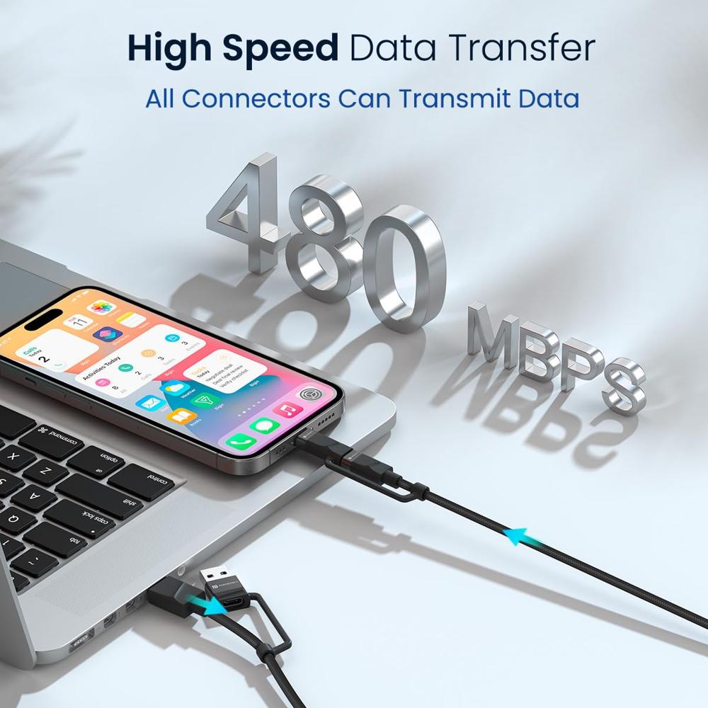 Portronics Omnicord 60W 4-In-1 Multifunctional Fast Charging Cable With Multiple Port & Strong Heads, Strong Braided Cable, Type C, Lightening, USB A, Fast Data Sync