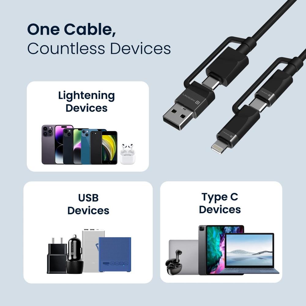 Portronics Omnicord 60W 4-In-1 Multifunctional Fast Charging Cable With Multiple Port & Strong Heads, Strong Braided Cable, Type C, Lightening, USB A, Fast Data Sync