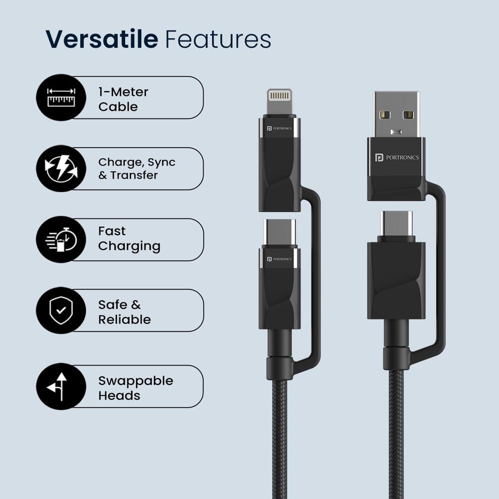 Portronics Omnicord 60W 4-In-1 Multifunctional Fast Charging Cable With Multiple Port & Strong Heads, Strong Braided Cable, Type C, Lightening, USB A, Fast Data Sync