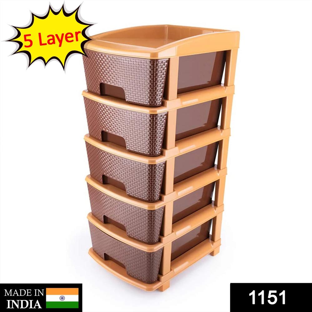 5Tier Plastic Modular Drawer System For Multiple Use (Brown Colour) - Color: Mix