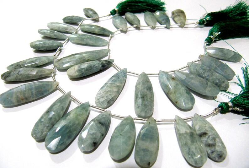Natural Aquamarine Long Pear Shape Faceted Briolette beads 10x25mm To 12x40mm Strand 8 Inches Long