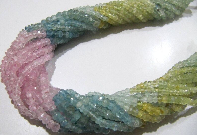 Natural Multi Color Aquamarine Rondelle Faceted 3-5 mm Gemstone Morganite Beads Strand 13 inch