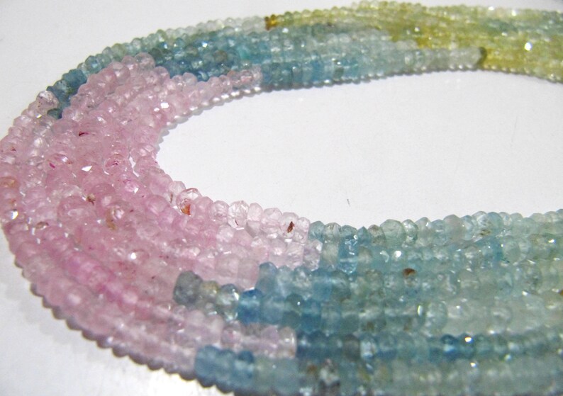 Natural Multi Color Aquamarine Rondelle Faceted 3-5 mm Gemstone Morganite Beads Strand 13 inch