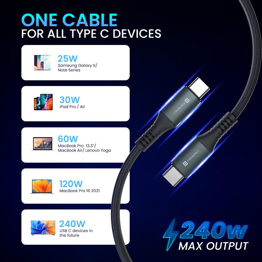 Portronics Konnect 240C 240W Futuristic Unbreakable Nylon Braided Type C Fast Charging Cable 2M Long, Supports Laptop