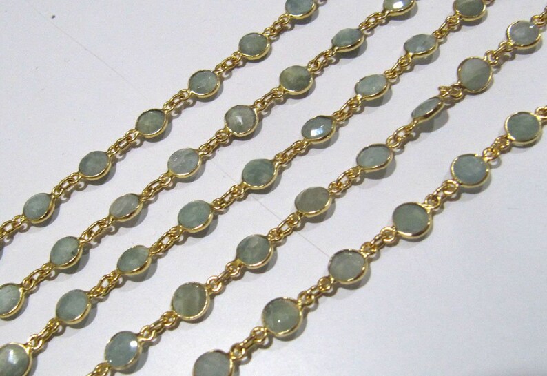 1 Foot- Natural Aquamarine Round Coin Shape Briolette Bezel Connector Chain 5-6mm