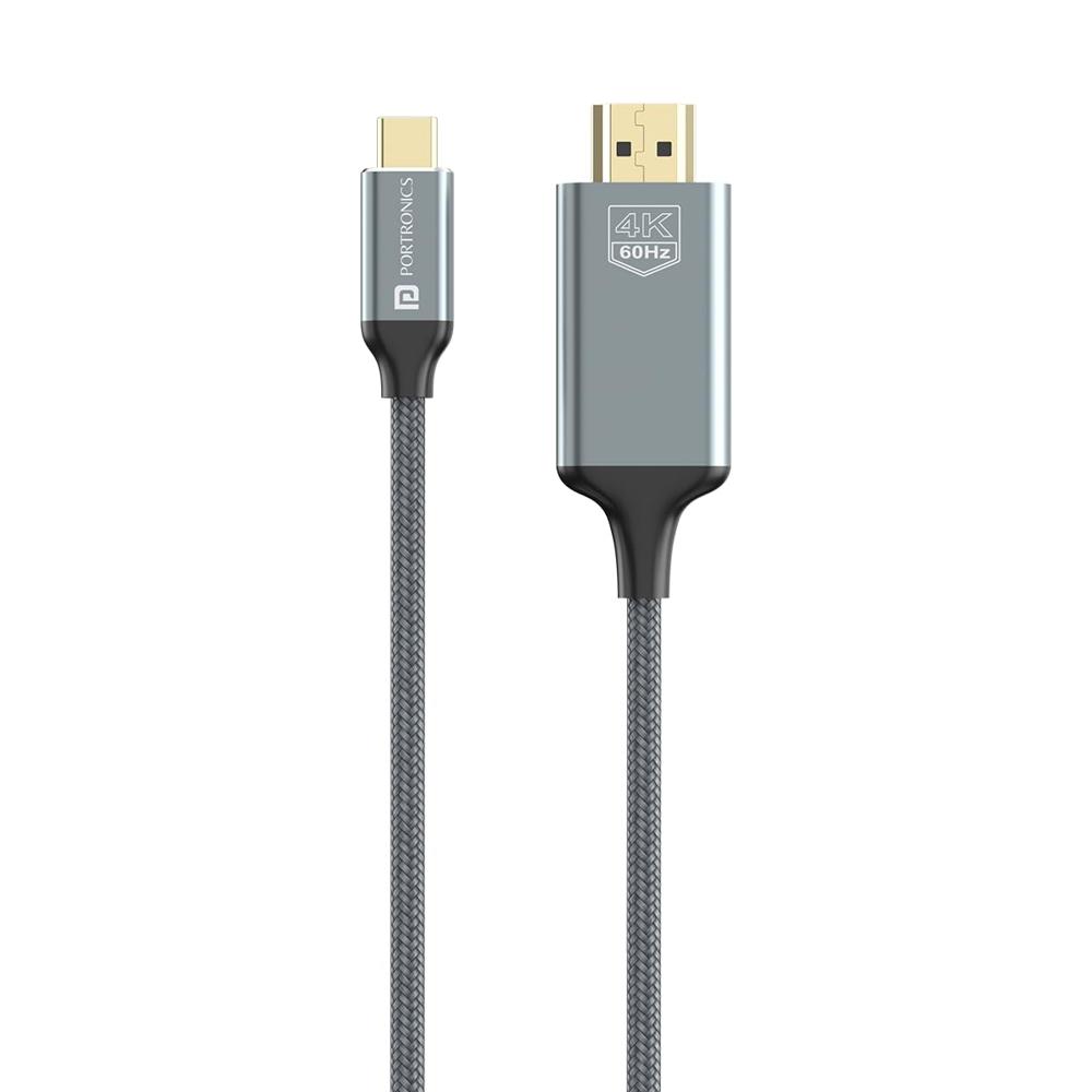 Portronics Konnect Vision C 4k 60hz Type C To Hdmi Cable With 1.8m Cord Length, Nylon Braided, Gold Plated Connectors For Laptop, - Color: Grey