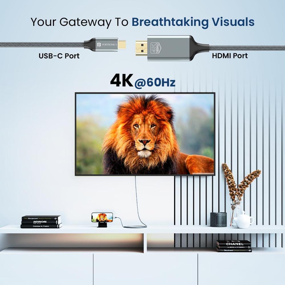 Portronics Konnect Vision C 4K 60Hz Type C to HDMI Cable with 1.8M Cord Length, Nylon Braided, Gold Plated Connectors for Laptop,