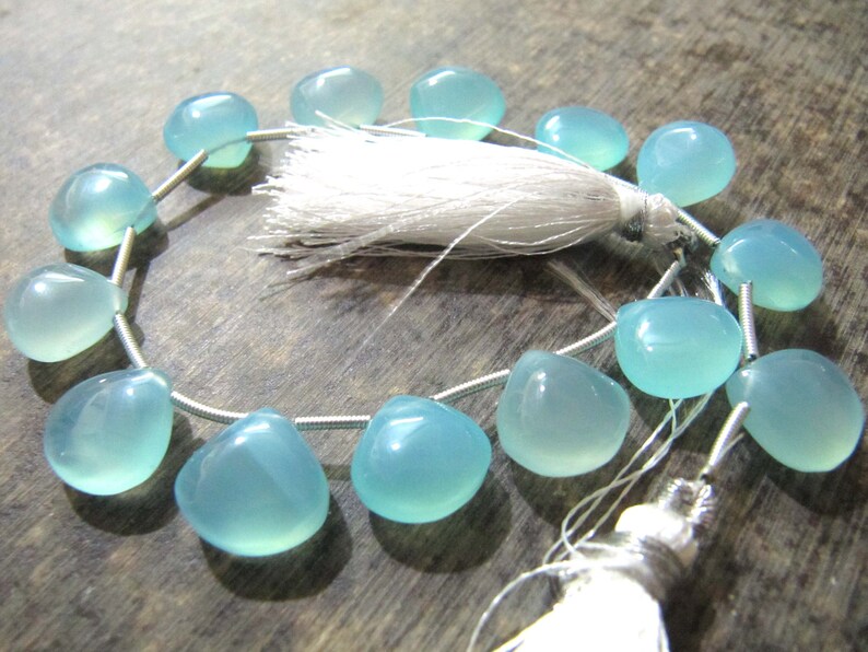 Natural Aqua Chalcedony 11-12mm HEART Shape Plain Smooth Gemstone Beads Strand 8 Inches Long