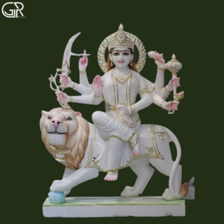 Goddess Durga Marble Statue - Color: Multicolor With Fine Gold