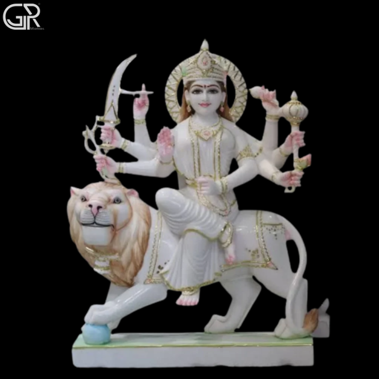 Goddess Durga Marble Statue - Color: Multicolor With Fine Gold