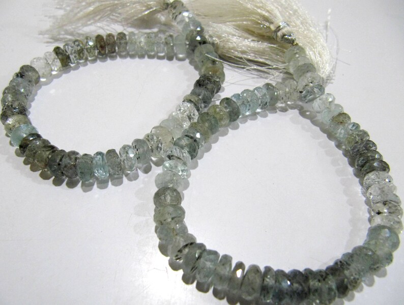 Natural Moss Aquamarine Rondelle Faceted Shaded 8-9mm Gemstone Beads Strand 8 inches long 