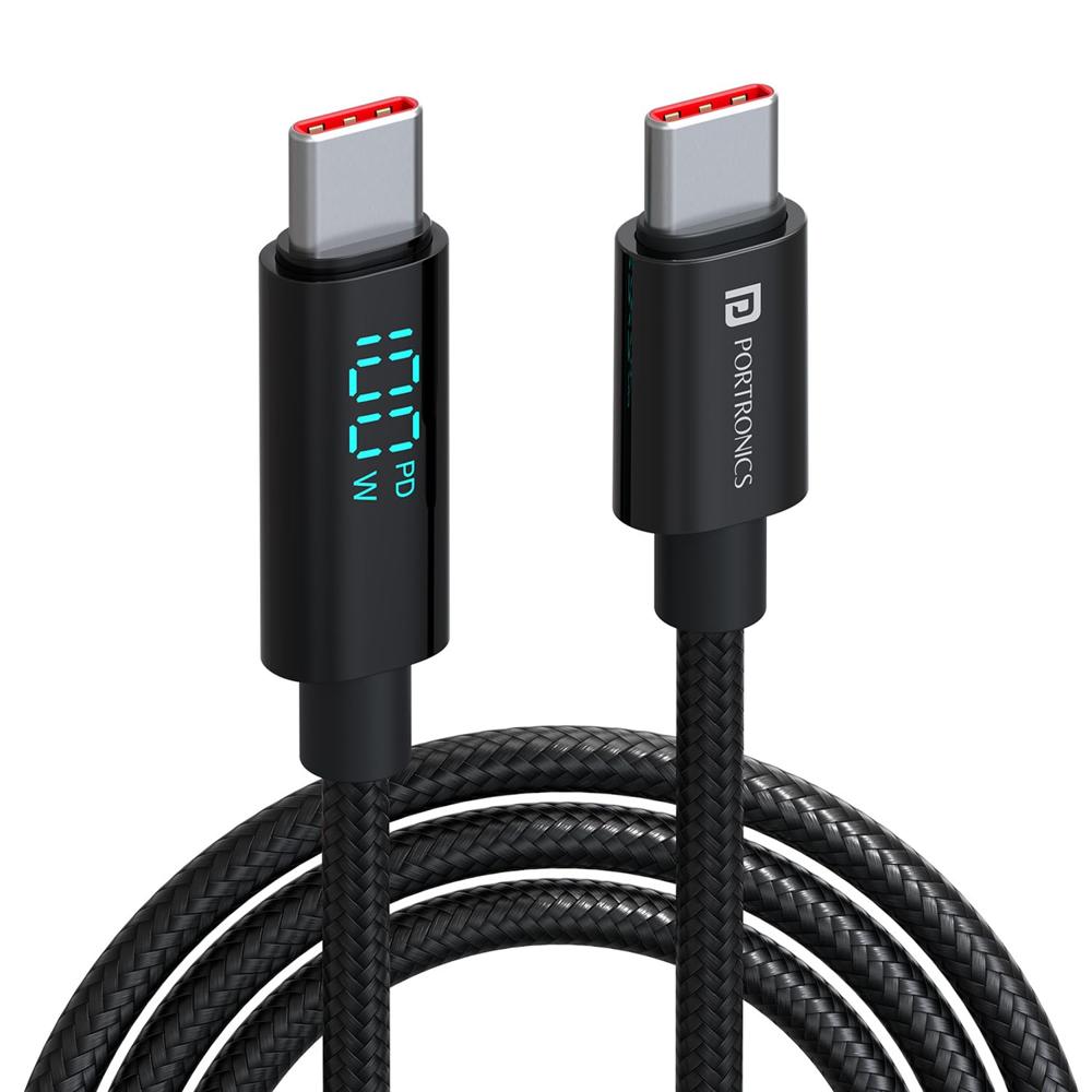 Portronics Konnect View 100W Type C to Type C Cable with LED Display with 5A Max Output, Fast Data Sync, 1.2M Length, Tangle Resistance supports Laptop Charging