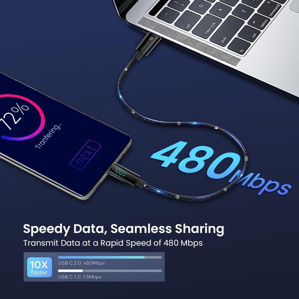 Portronics Konnect View 100W Type C to Type C Cable with LED Display with 5A Max Output, Fast Data Sync, 1.2M Length, Tangle Resistance supports Laptop Charging