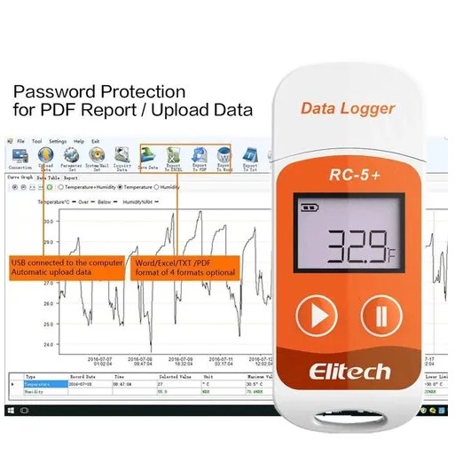 Elitech PDF USB Temperature Data Logger Reusable Recorder 32000 Points, RC-5+