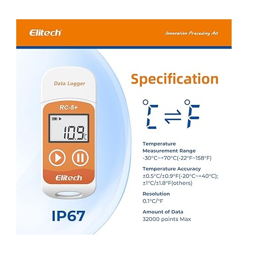 Elitech PDF USB Temperature Data Logger Reusable Recorder 32000 Points, RC-5+